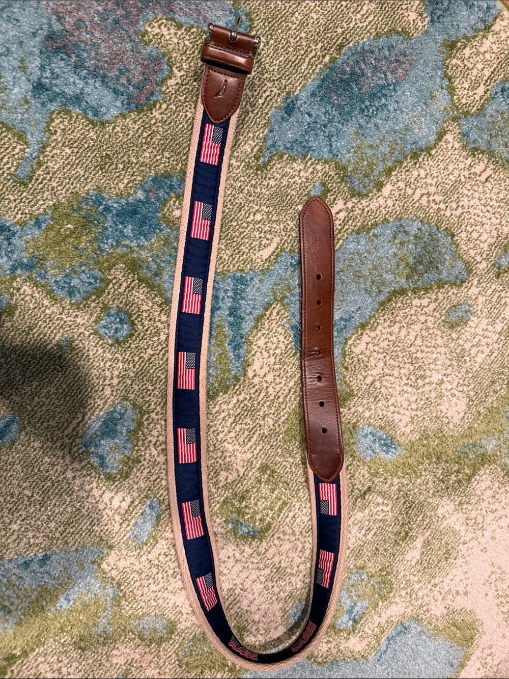 Men's OS Nautica American Flag Embroidered Navy Belt with Brown Leather Ends